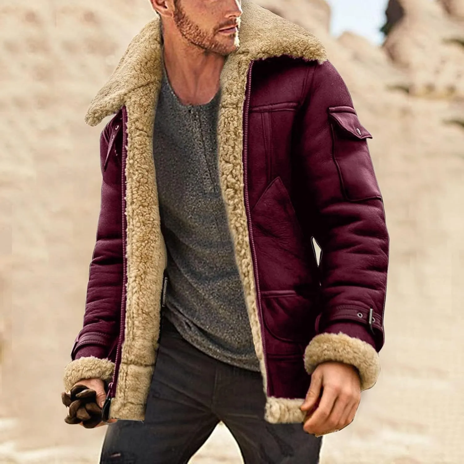 Mens Sherpa Lined Thickened Jackets Winter Warm Fuzzy Lined Zip Up Lapel Trucker Coat Jacket with Pockets