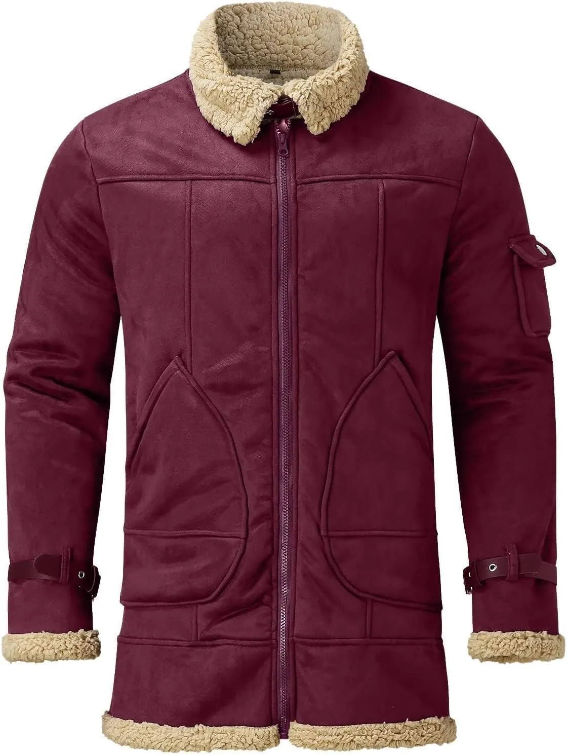Mens Sherpa Lined Thickened Jackets Winter Warm Fuzzy Lined Zip Up Lapel Trucker Coat Jacket with Pockets