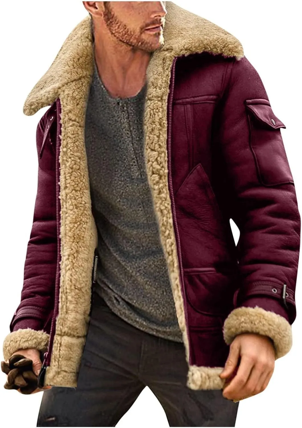 Mens Sherpa Lined Thickened Jackets Winter Warm Fuzzy Lined Zip Up Lapel Trucker Coat Jacket with Pockets