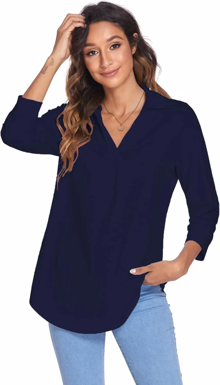 Newchoice Womens Collared V Neck 3/4 Sleeve Shirts Business Casual Tops Loose Work Blouses (S-3XL)