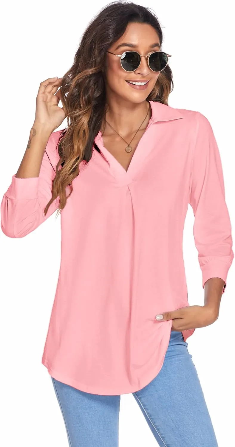 Newchoice Womens Collared V Neck 3/4 Sleeve Shirts Business Casual Tops Loose Work Blouses (S-3XL)