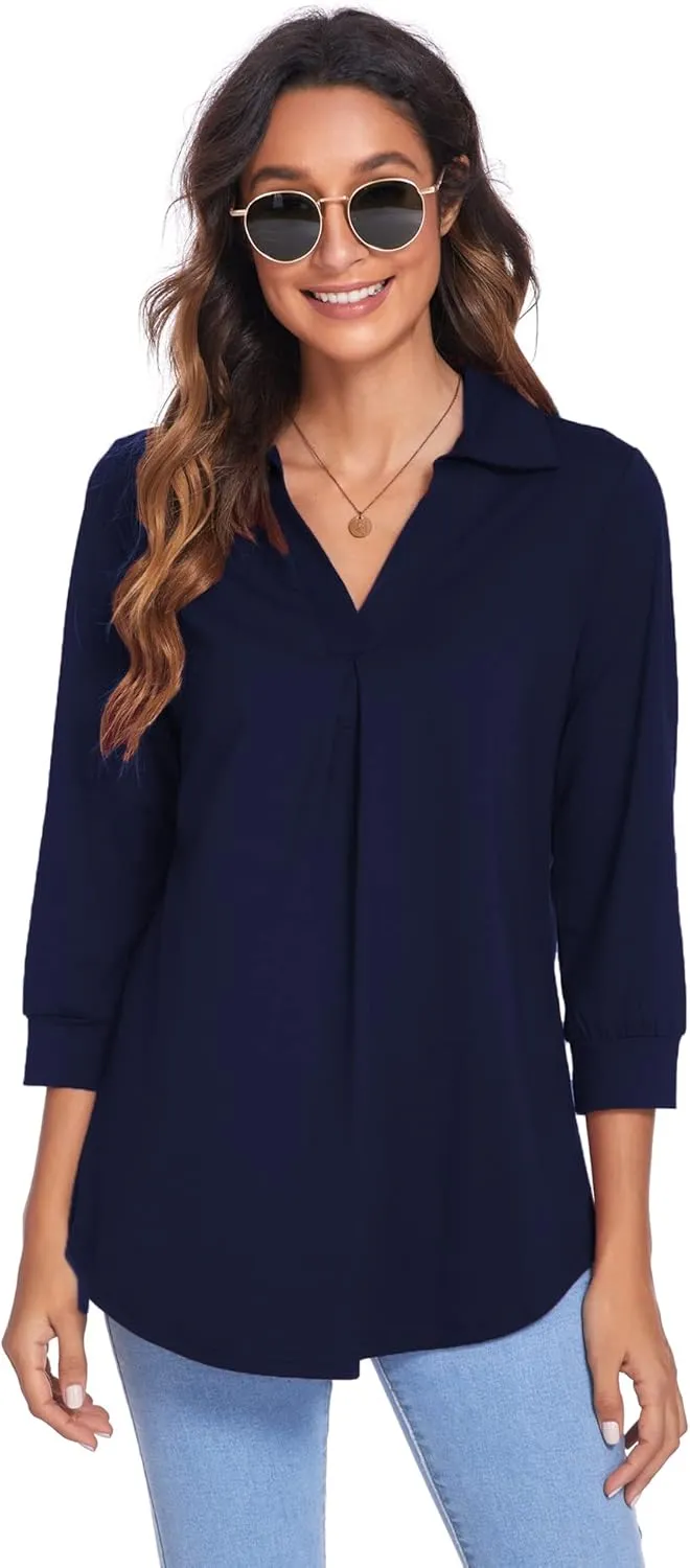 Newchoice Womens Collared V Neck 3/4 Sleeve Shirts Business Casual Tops Loose Work Blouses (S-3XL)