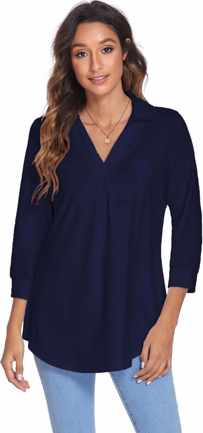 Newchoice Womens Collared V Neck 3/4 Sleeve Shirts Business Casual Tops Loose Work Blouses (S-3XL)