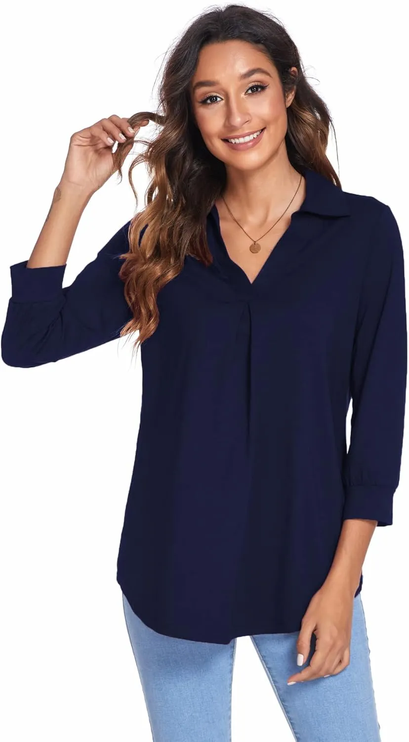 Newchoice Womens Collared V Neck 3/4 Sleeve Shirts Business Casual Tops Loose Work Blouses (S-3XL)