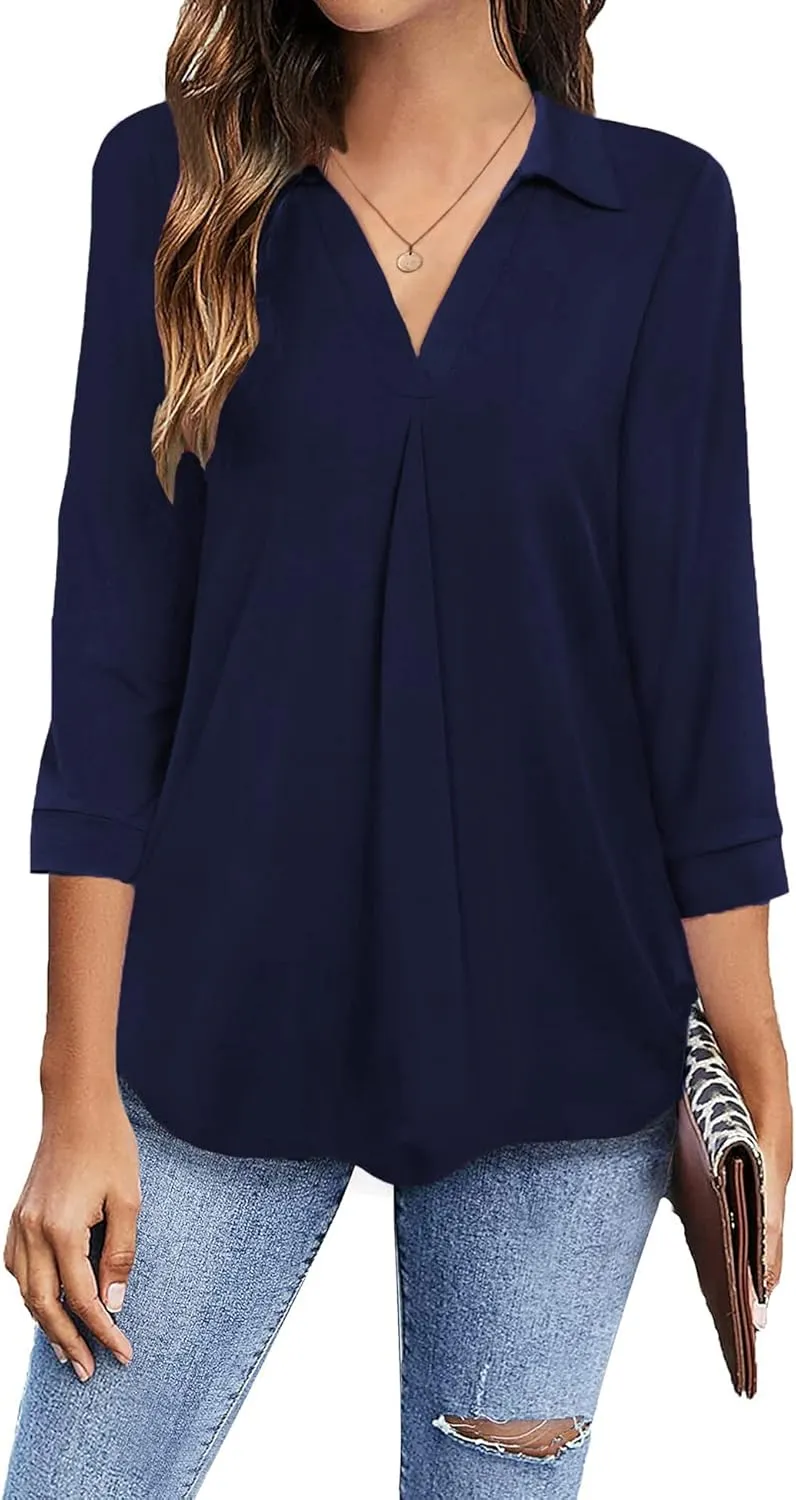 Newchoice Womens Collared V Neck 3/4 Sleeve Shirts Business Casual Tops Loose Work Blouses (S-3XL)