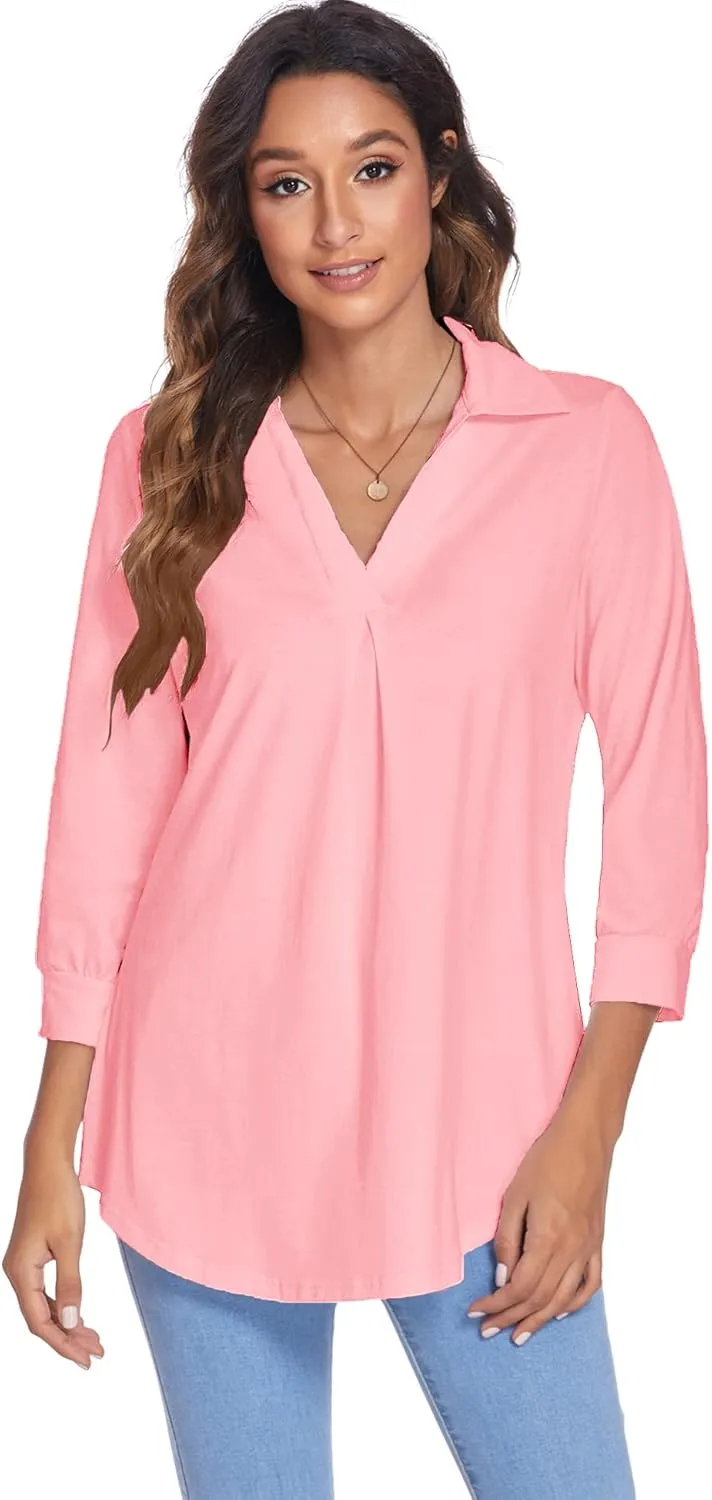 Newchoice Womens Collared V Neck 3/4 Sleeve Shirts Business Casual Tops Loose Work Blouses (S-3XL)