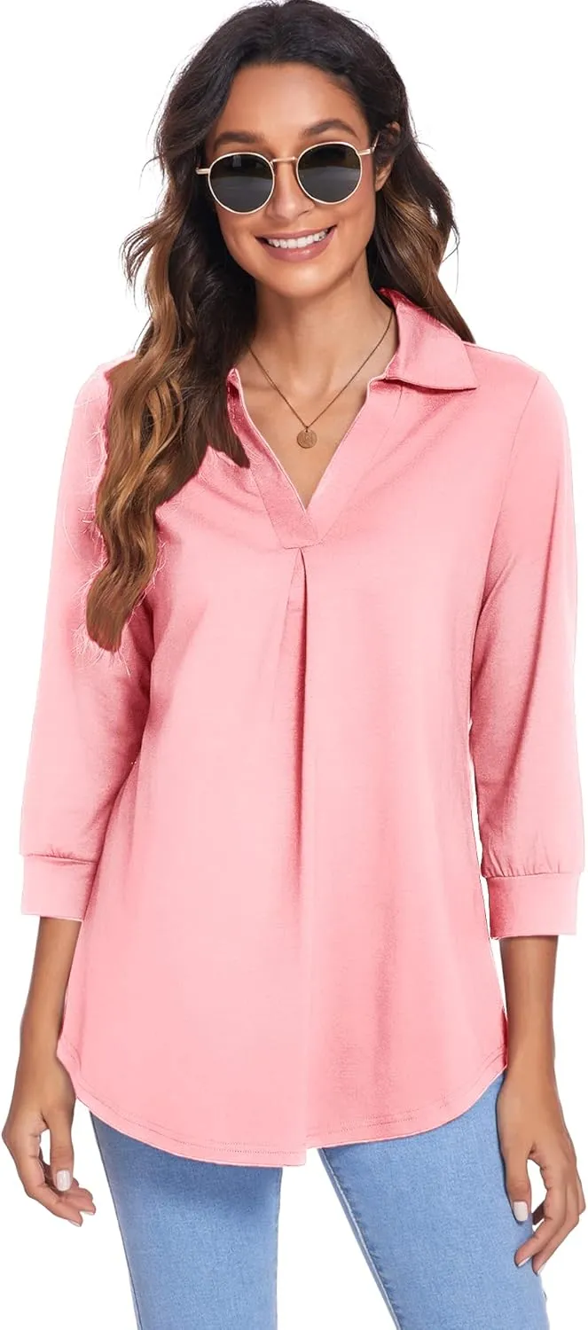 Newchoice Womens Collared V Neck 3/4 Sleeve Shirts Business Casual Tops Loose Work Blouses (S-3XL)
