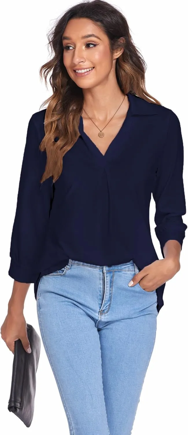 Newchoice Womens Collared V Neck 3/4 Sleeve Shirts Business Casual Tops Loose Work Blouses (S-3XL)