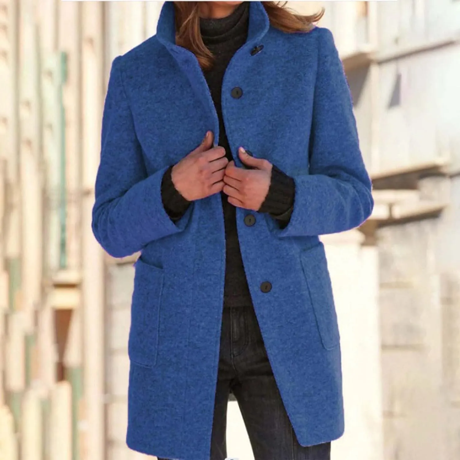 Peacoats For Women Winter Stand Collar Single Breasted Wool Coats 2024 Trendy Thicken Long Blazer Jacket With Pockets