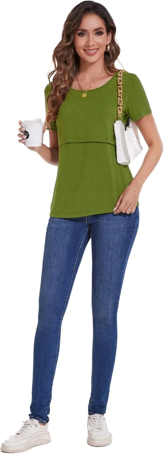 Sosolism 3 Pack Nursing Top Summer Short Sleeve Breastfeeding Shirts for Women Casual Round Neck Pumping Tshirts