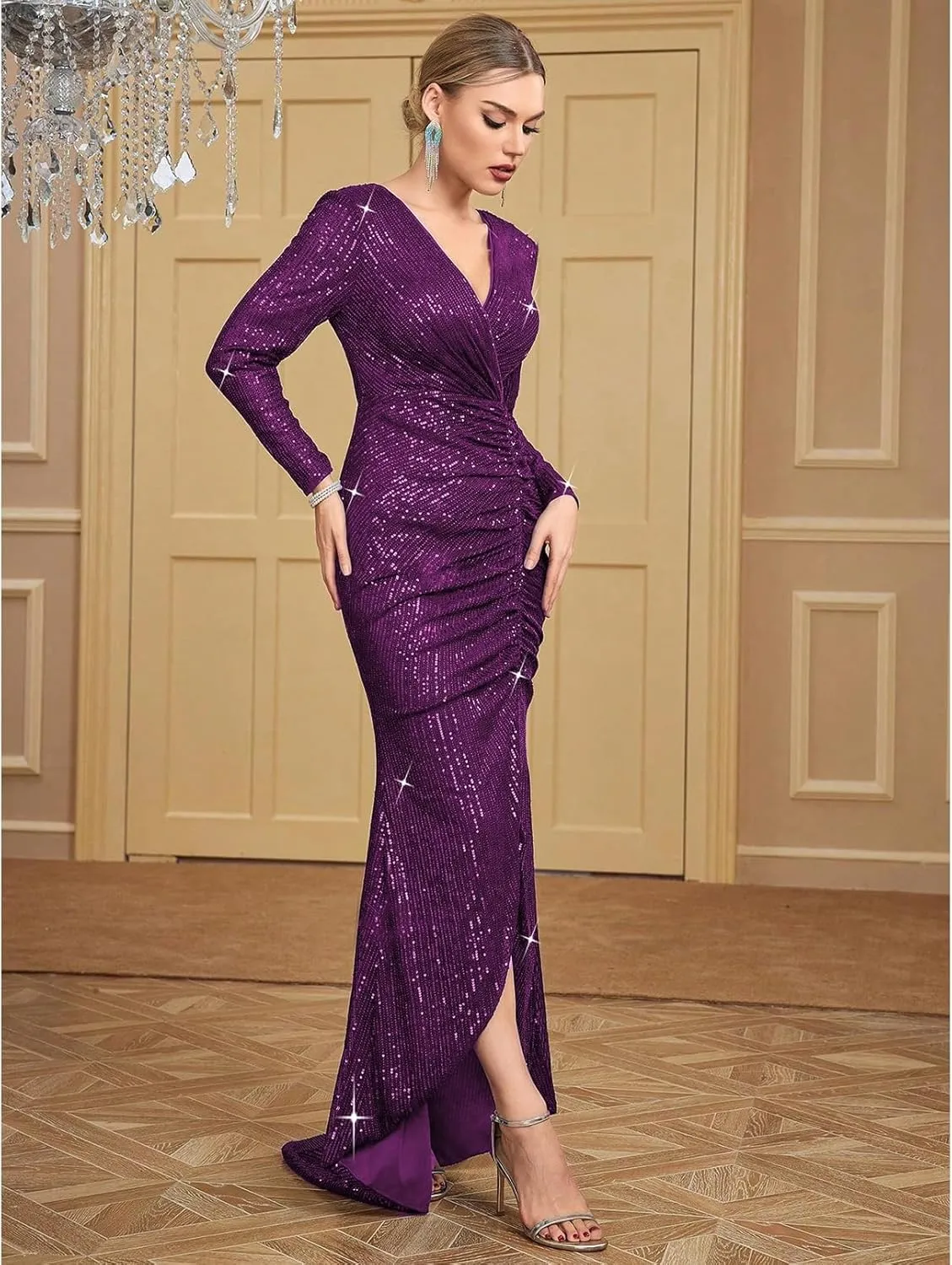 TOLEEN Women's Formal Sequin Bodycon Long Sleeve Prom Dresses Elegant Evening Party Maxi Dresses