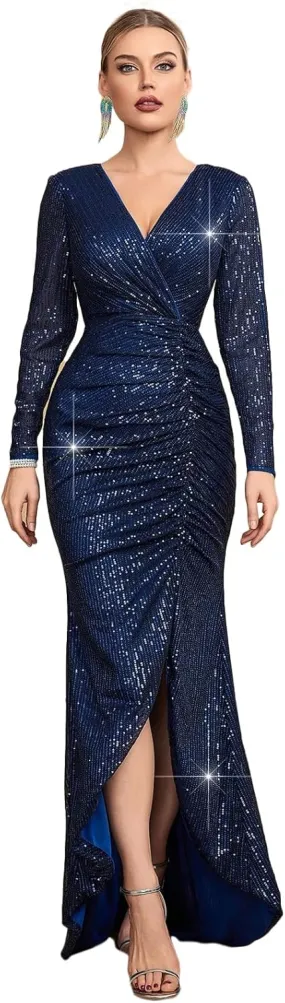 TOLEEN Women's Formal Sequin Bodycon Long Sleeve Prom Dresses Elegant Evening Party Maxi Dresses