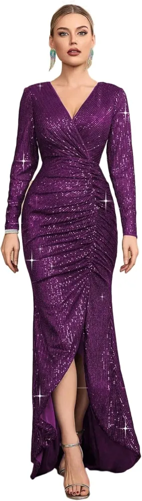 TOLEEN Women's Formal Sequin Bodycon Long Sleeve Prom Dresses Elegant Evening Party Maxi Dresses