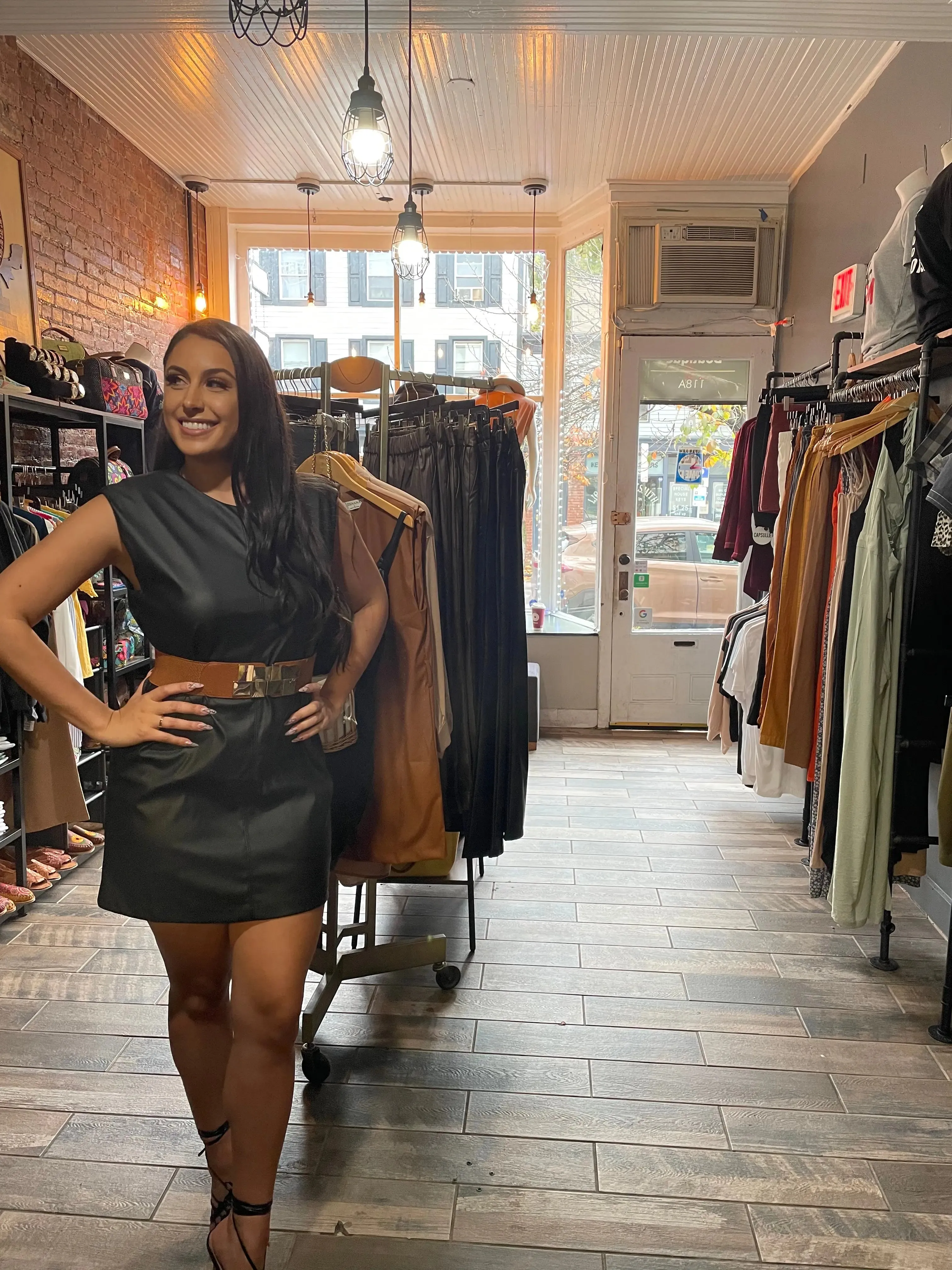 VEGAN LEATHER SLEEVELESS SHOULDER PADS DRESS