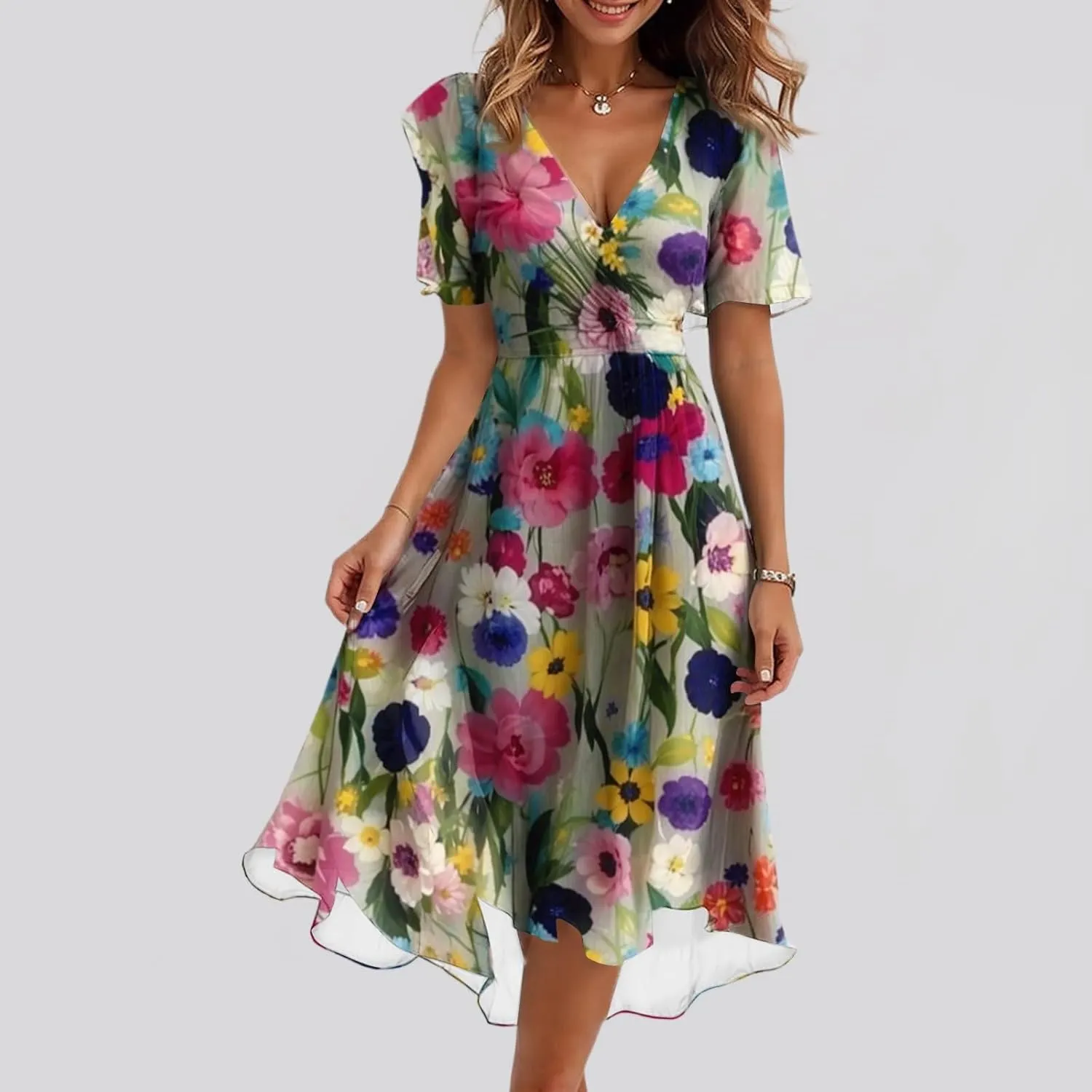 Womens Boho Floral Printed Summer Dresses 2025 Elegant V Neck Belted Summer Wedding Prom Cocktail Midi Dress