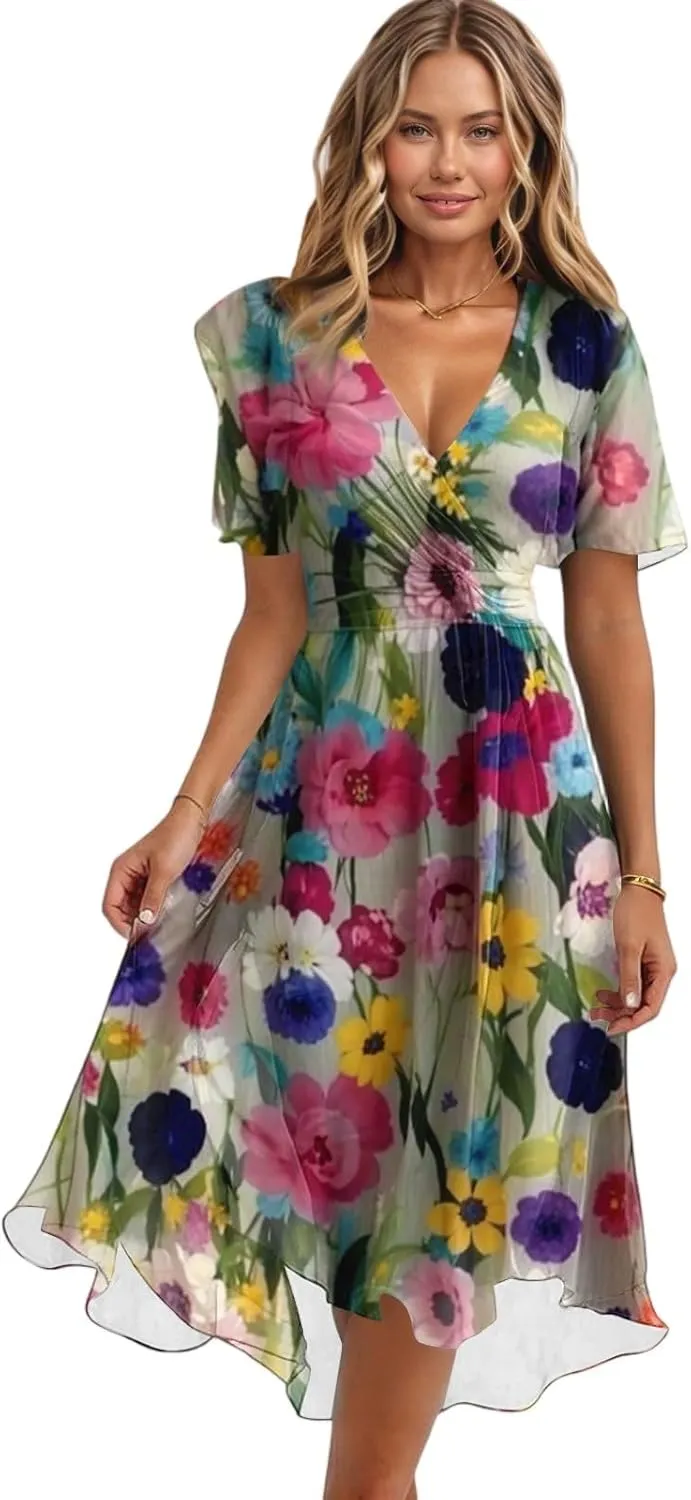 Womens Boho Floral Printed Summer Dresses 2025 Elegant V Neck Belted Summer Wedding Prom Cocktail Midi Dress