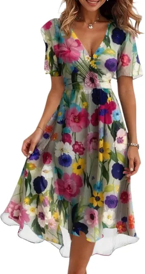 Womens Boho Floral Printed Summer Dresses 2025 Elegant V Neck Belted Summer Wedding Prom Cocktail Midi Dress