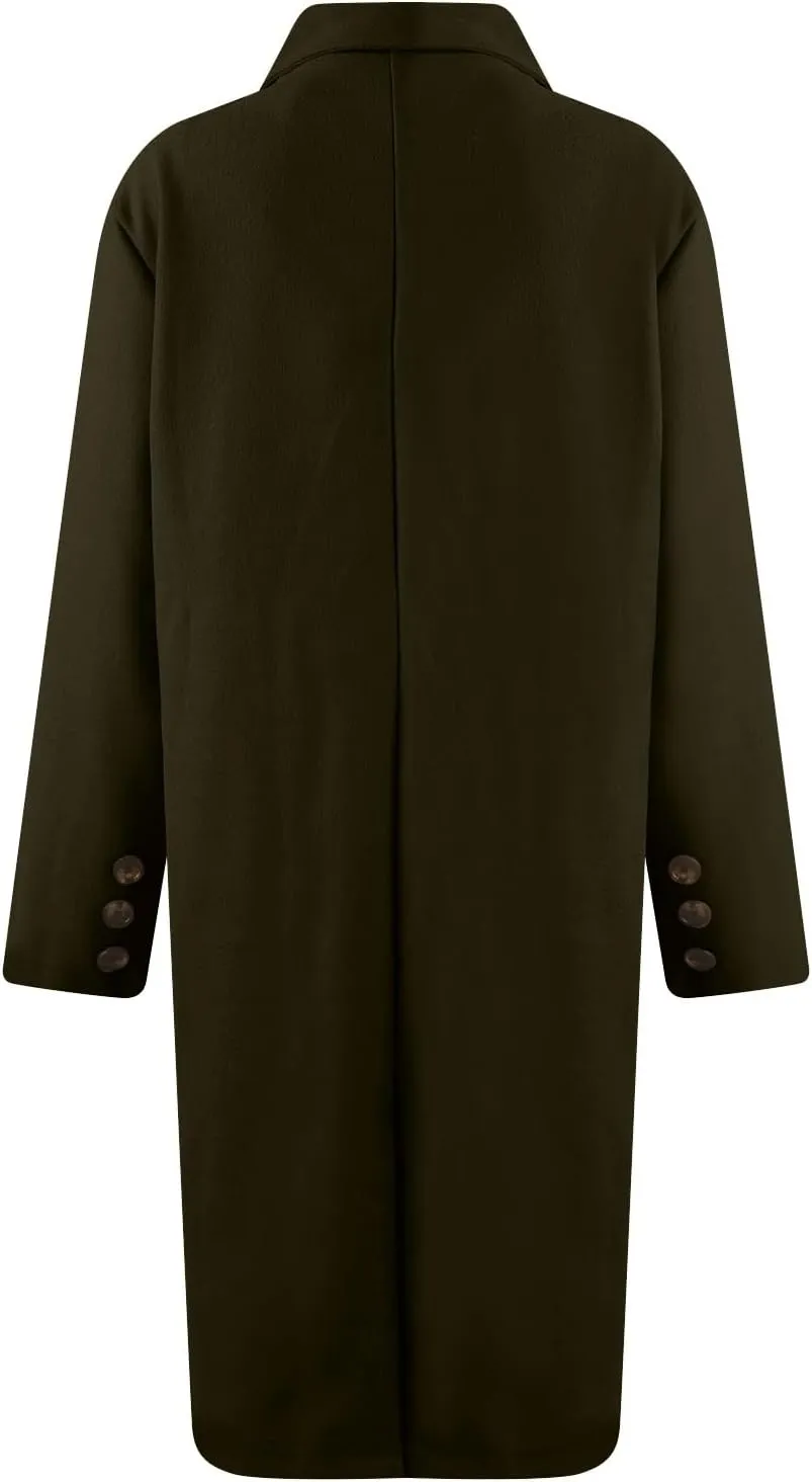 Women's Double Breasted Long Trench Coat Windproof Classic Notch Lapel Peacoat Slim Winter Fall Wool Blend Overcoat