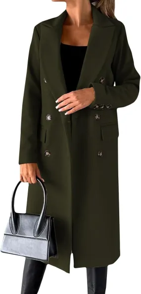 Women's Double Breasted Long Trench Coat Windproof Classic Notch Lapel Peacoat Slim Winter Fall Wool Blend Overcoat