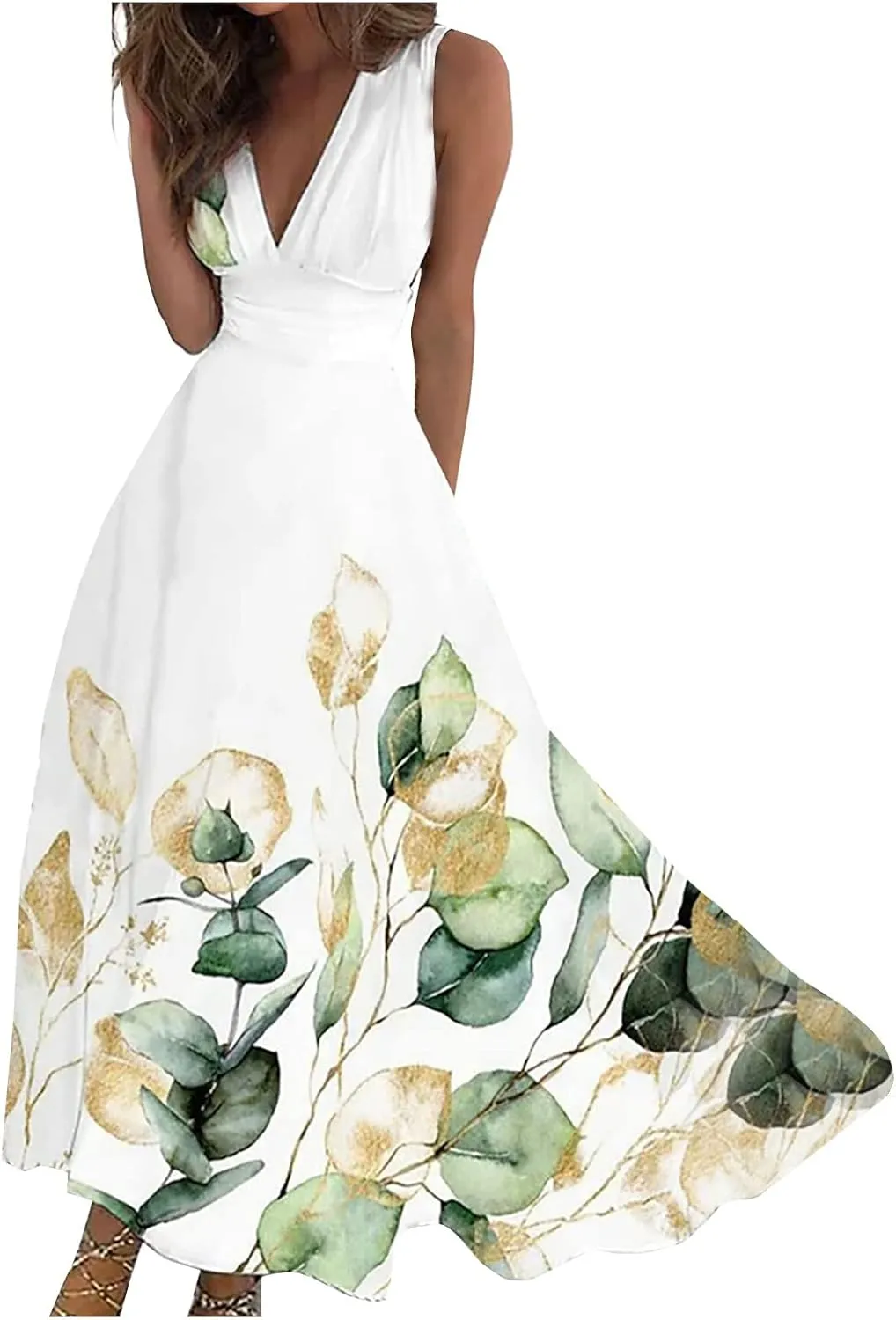 Womens Dresses Flowy Ruched Floral Print Beach Dresses Sleeveless Wrap V Neck Maxi Dress Elegant Sundresses