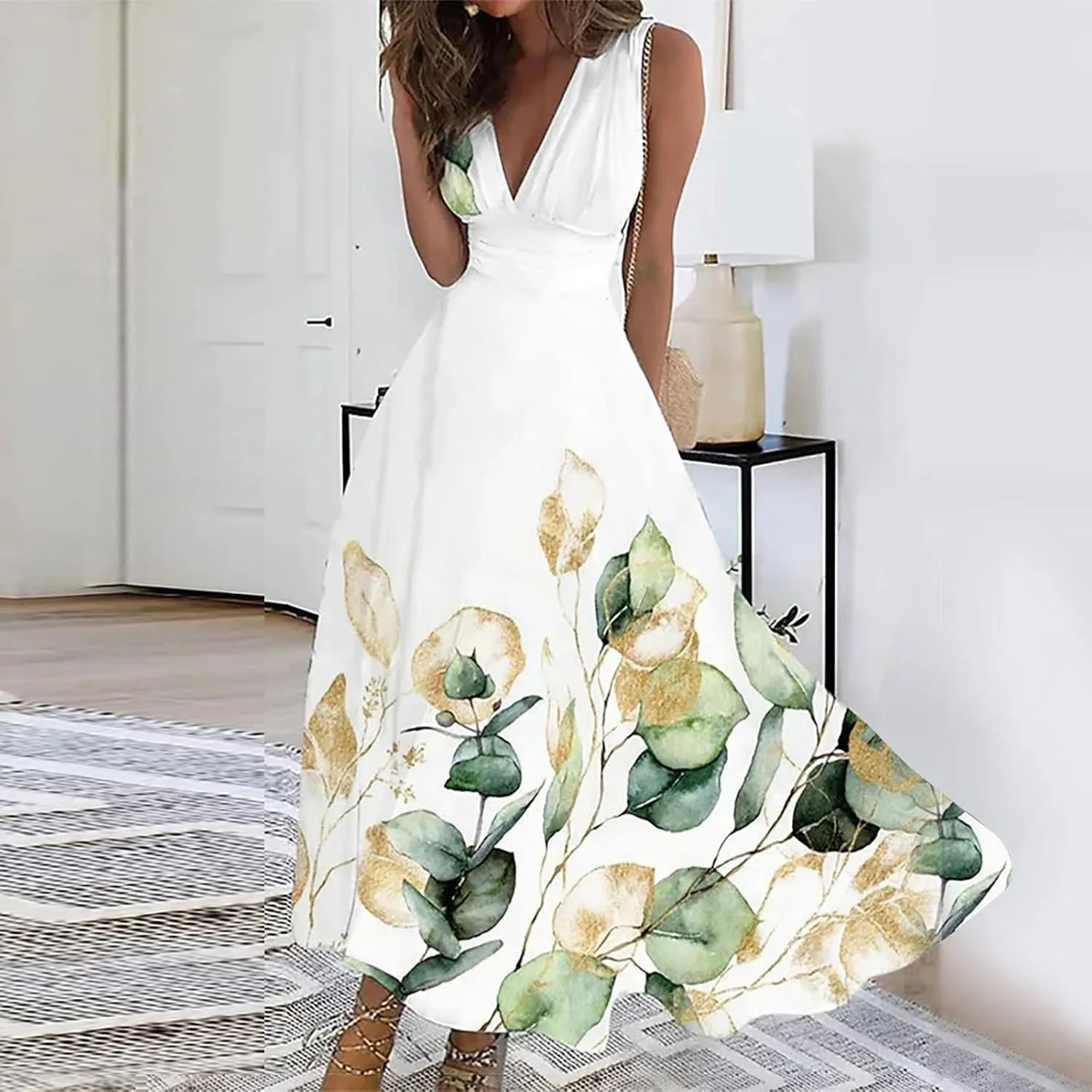 Womens Dresses Flowy Ruched Floral Print Beach Dresses Sleeveless Wrap V Neck Maxi Dress Elegant Sundresses