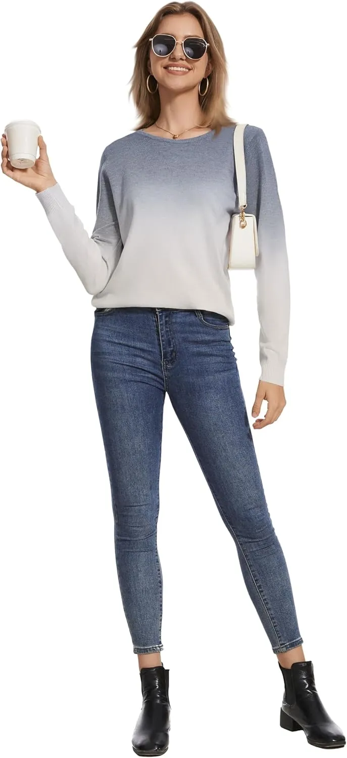Women's Gradient Color Crew Neck Knit Long Sleeve Soft Loose Casual Sweater Pullover Top Cozy Outfits