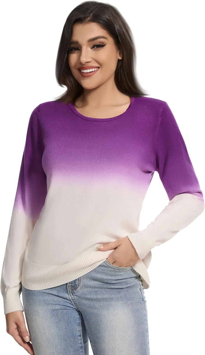 Women's Gradient Color Crew Neck Knit Long Sleeve Soft Loose Casual Sweater Pullover Top Cozy Outfits