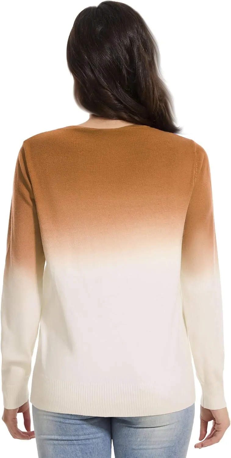 Women's Gradient Color Crew Neck Knit Long Sleeve Soft Loose Casual Sweater Pullover Top Cozy Outfits
