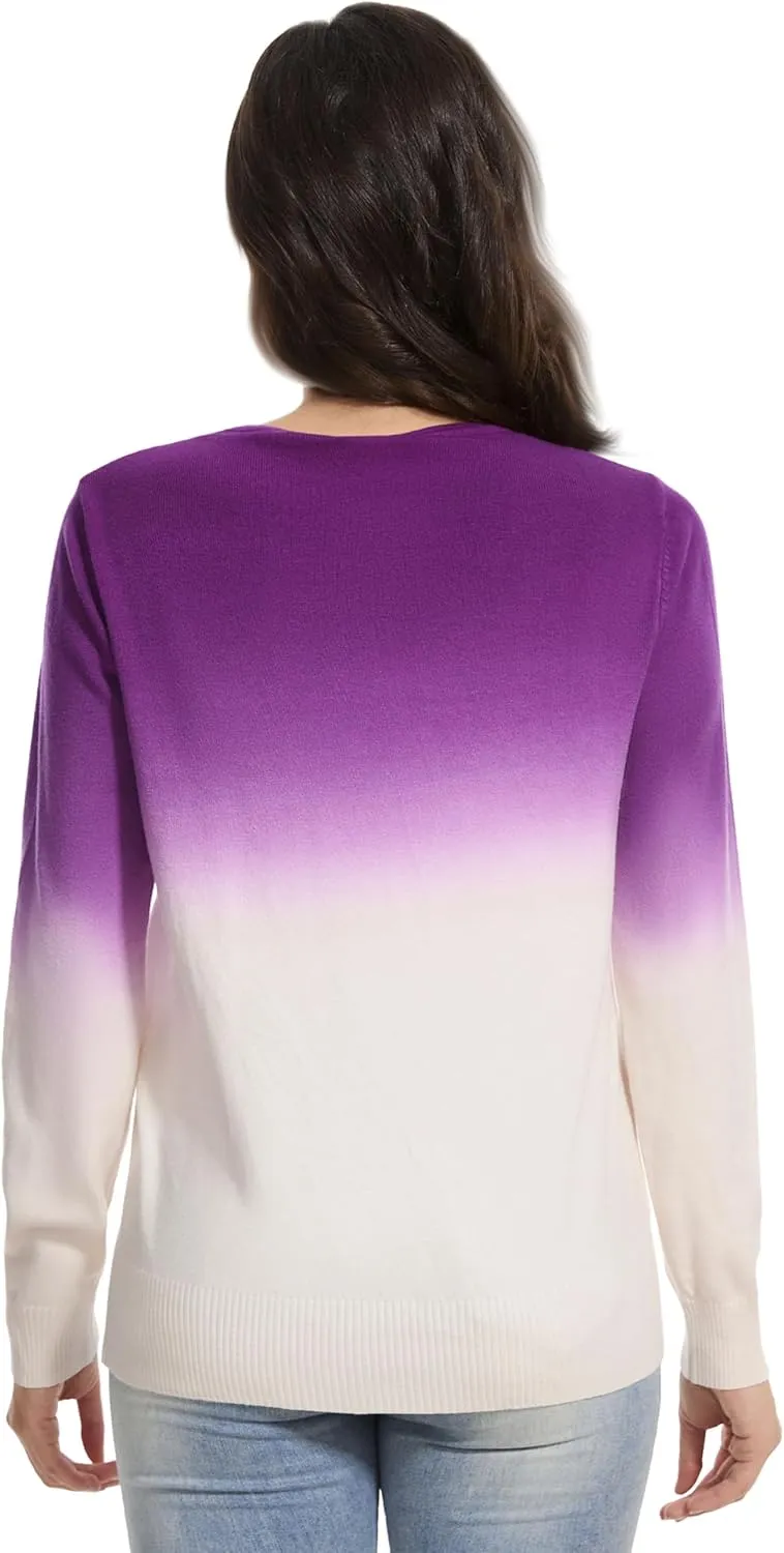 Women's Gradient Color Crew Neck Knit Long Sleeve Soft Loose Casual Sweater Pullover Top Cozy Outfits