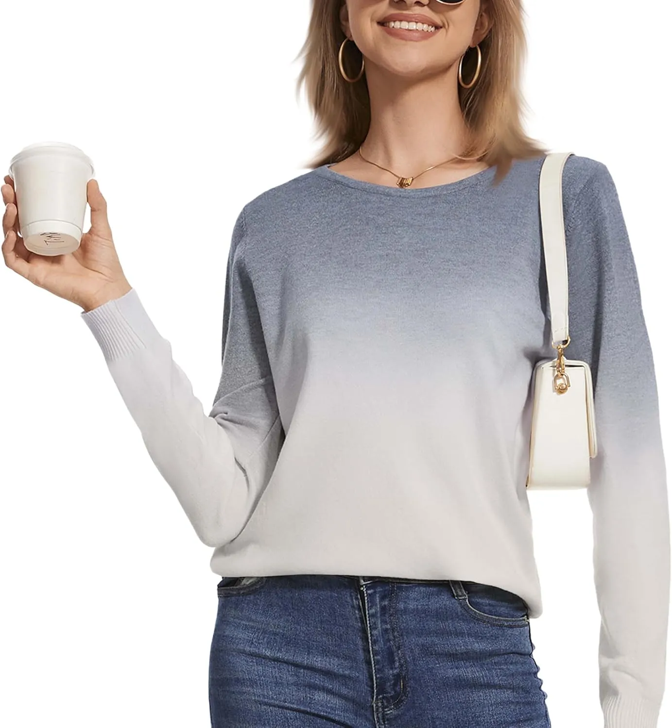 Women's Gradient Color Crew Neck Knit Long Sleeve Soft Loose Casual Sweater Pullover Top Cozy Outfits
