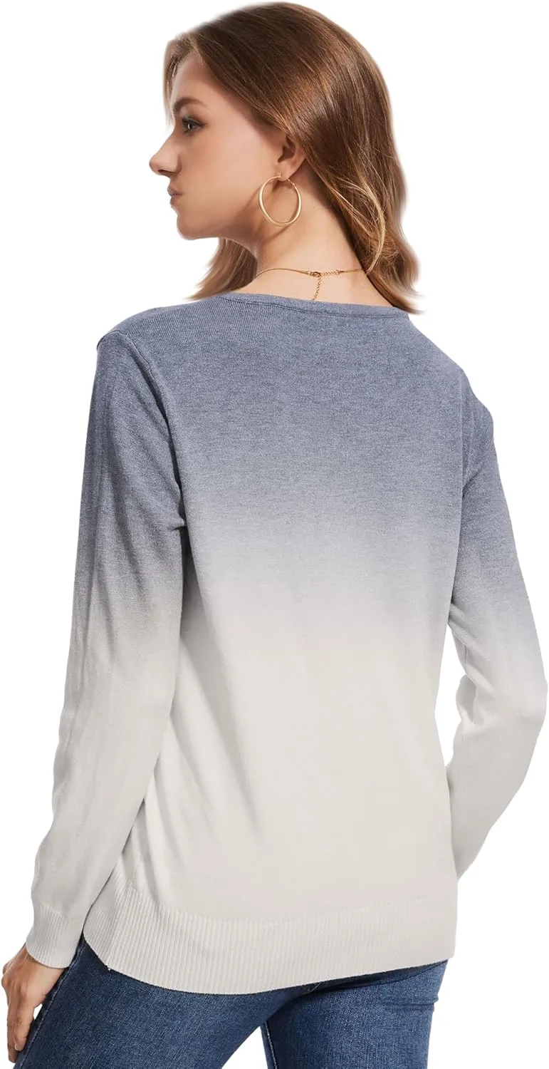 Women's Gradient Color Crew Neck Knit Long Sleeve Soft Loose Casual Sweater Pullover Top Cozy Outfits
