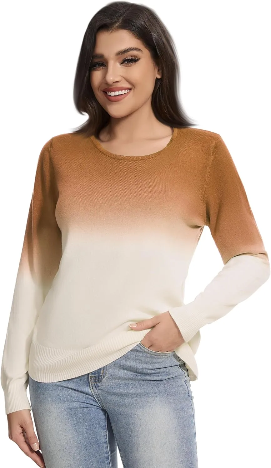 Women's Gradient Color Crew Neck Knit Long Sleeve Soft Loose Casual Sweater Pullover Top Cozy Outfits