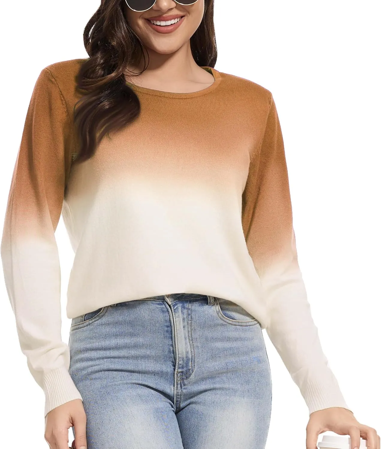 Women's Gradient Color Crew Neck Knit Long Sleeve Soft Loose Casual Sweater Pullover Top Cozy Outfits