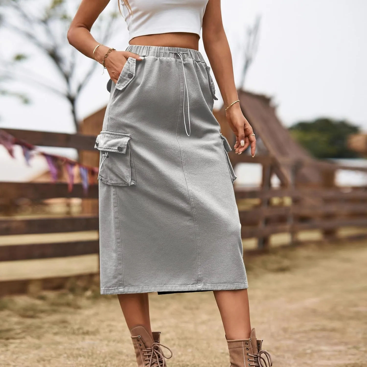Women's Maxi Long Denim Skirts High Waist Split A line Flare Jean Skirt Y2k Cargo Casual Jean Skirts with Pockets