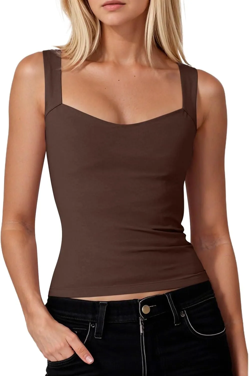 Women's Sexy Tank Tops Square Neck Sleeveless Double Lined Basic Tank Top Slim Fit Crop Camisole Tops Summer Outfits
