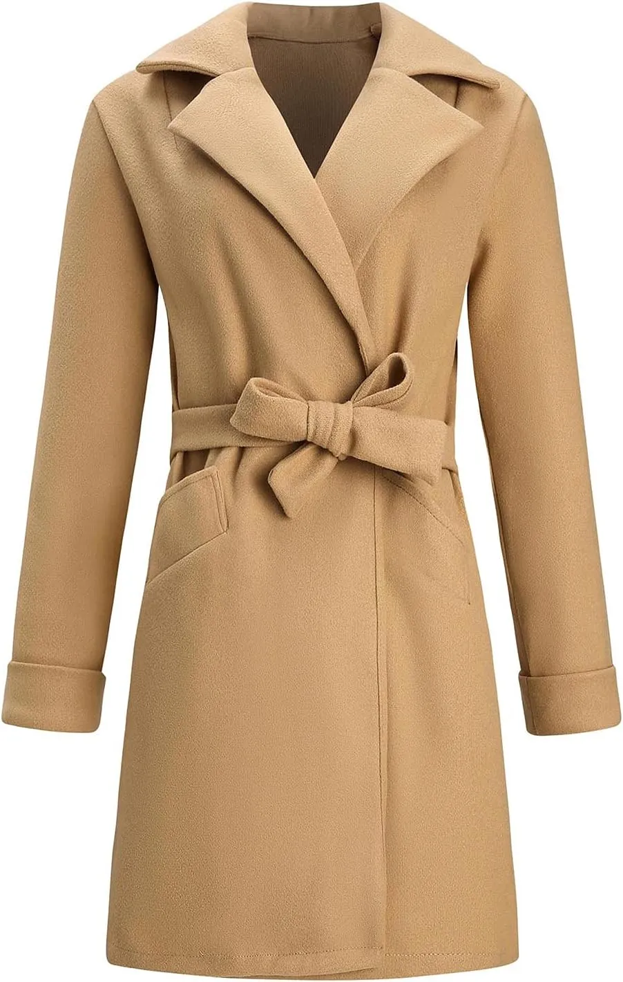 Women's Winter Coats 2024 Elegant Open Front Belted Peacoat Casual Fall Collar Woolen Overcoat Fashion Trench Coat
