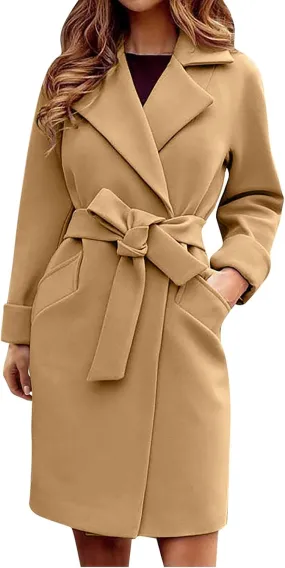 Women's Winter Coats 2024 Elegant Open Front Belted Peacoat Casual Fall Collar Woolen Overcoat Fashion Trench Coat