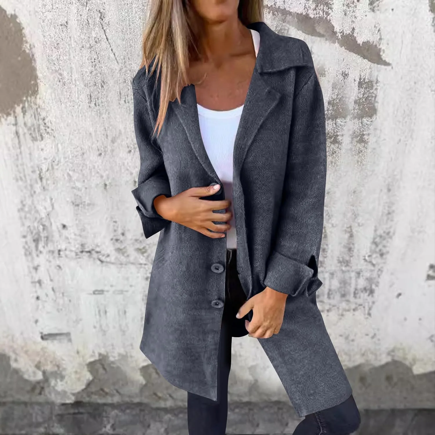 Women's Wool Trench Coat Elegant Single Breasted Pea Coat Casual Notch Lapel Long Winter Coats Long Sleeve Overcoat