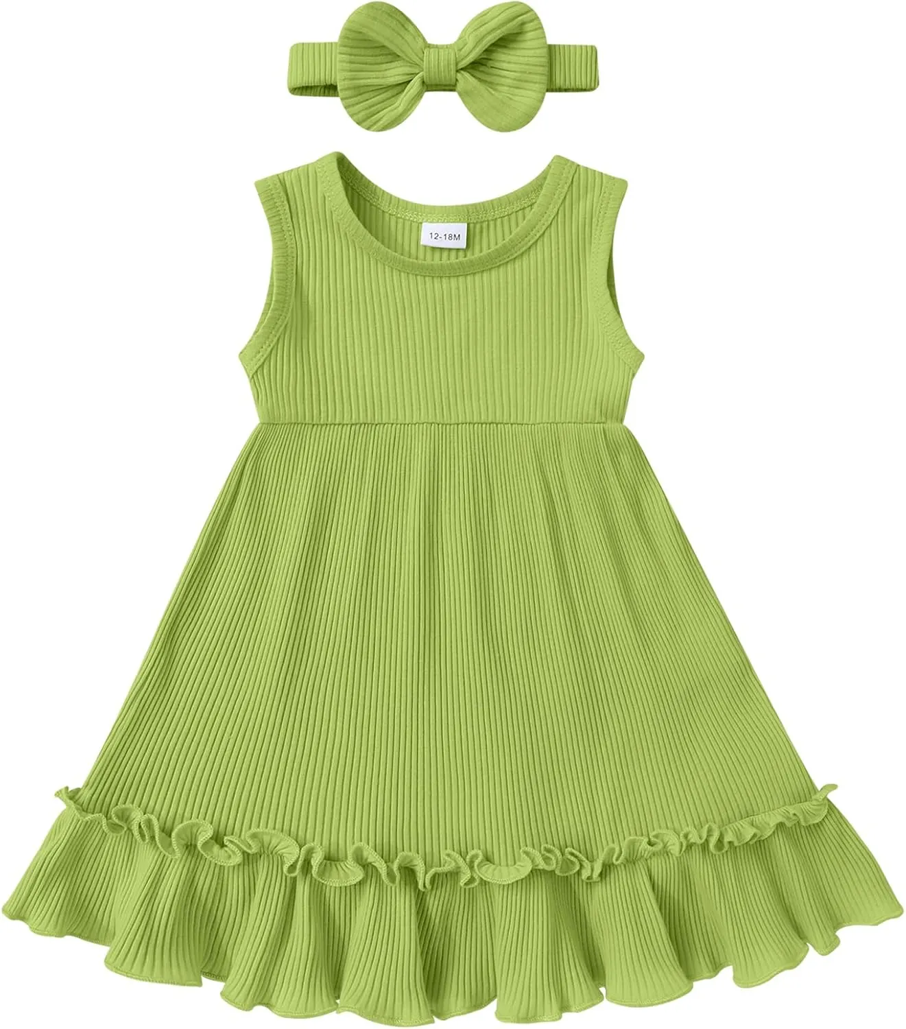 YOUNGER TREE Toddler Girl Summer Sundress Sleeveless Casual Dress Ruffle Hem Cotton Solid Outfits with Bowknot