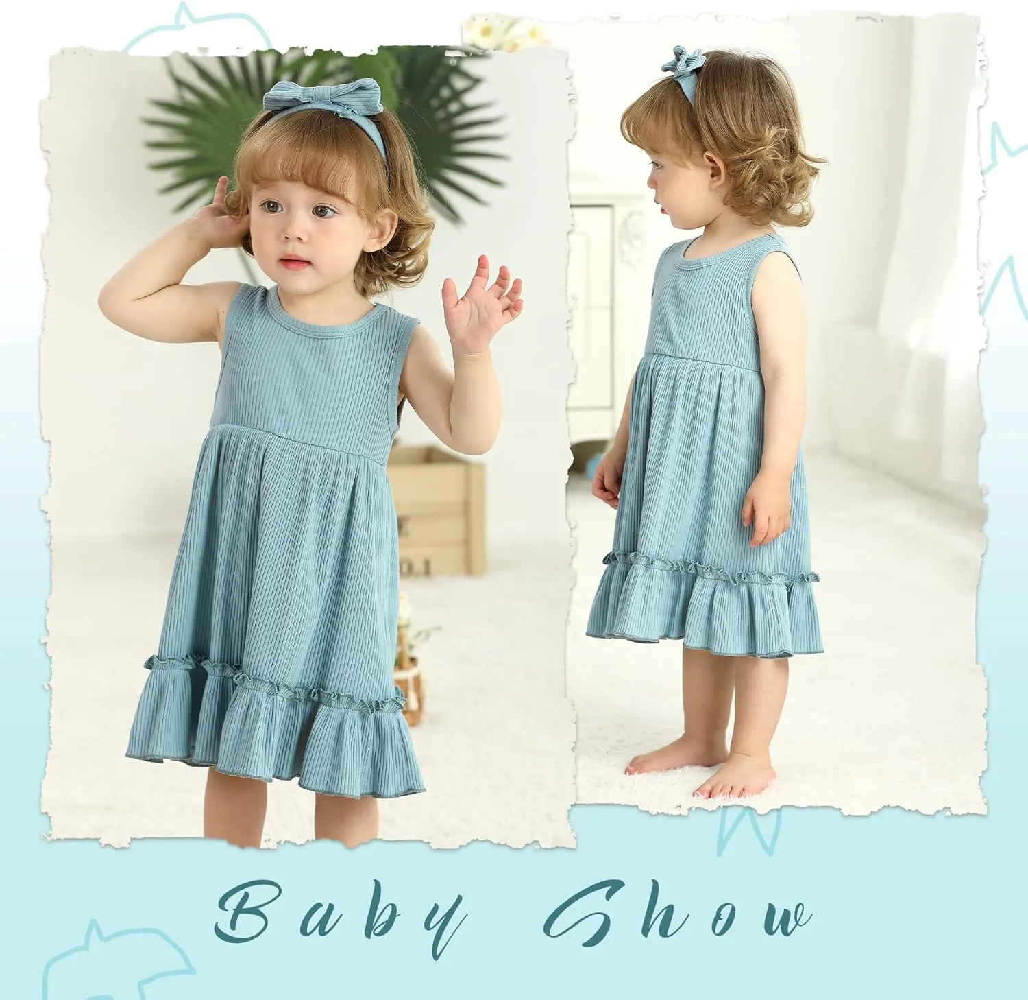 YOUNGER TREE Toddler Girl Summer Sundress Sleeveless Casual Dress Ruffle Hem Cotton Solid Outfits with Bowknot