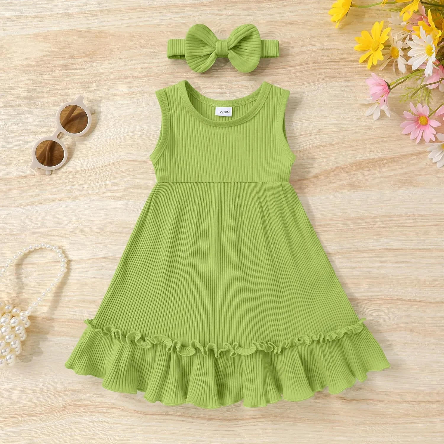 YOUNGER TREE Toddler Girl Summer Sundress Sleeveless Casual Dress Ruffle Hem Cotton Solid Outfits with Bowknot