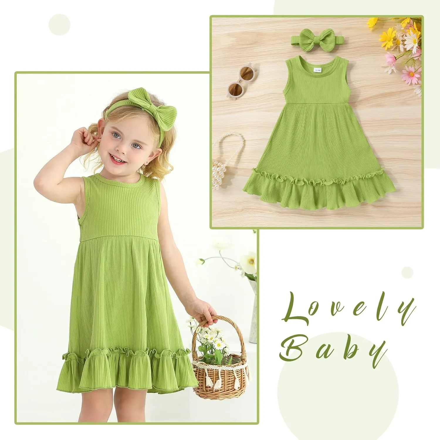 YOUNGER TREE Toddler Girl Summer Sundress Sleeveless Casual Dress Ruffle Hem Cotton Solid Outfits with Bowknot