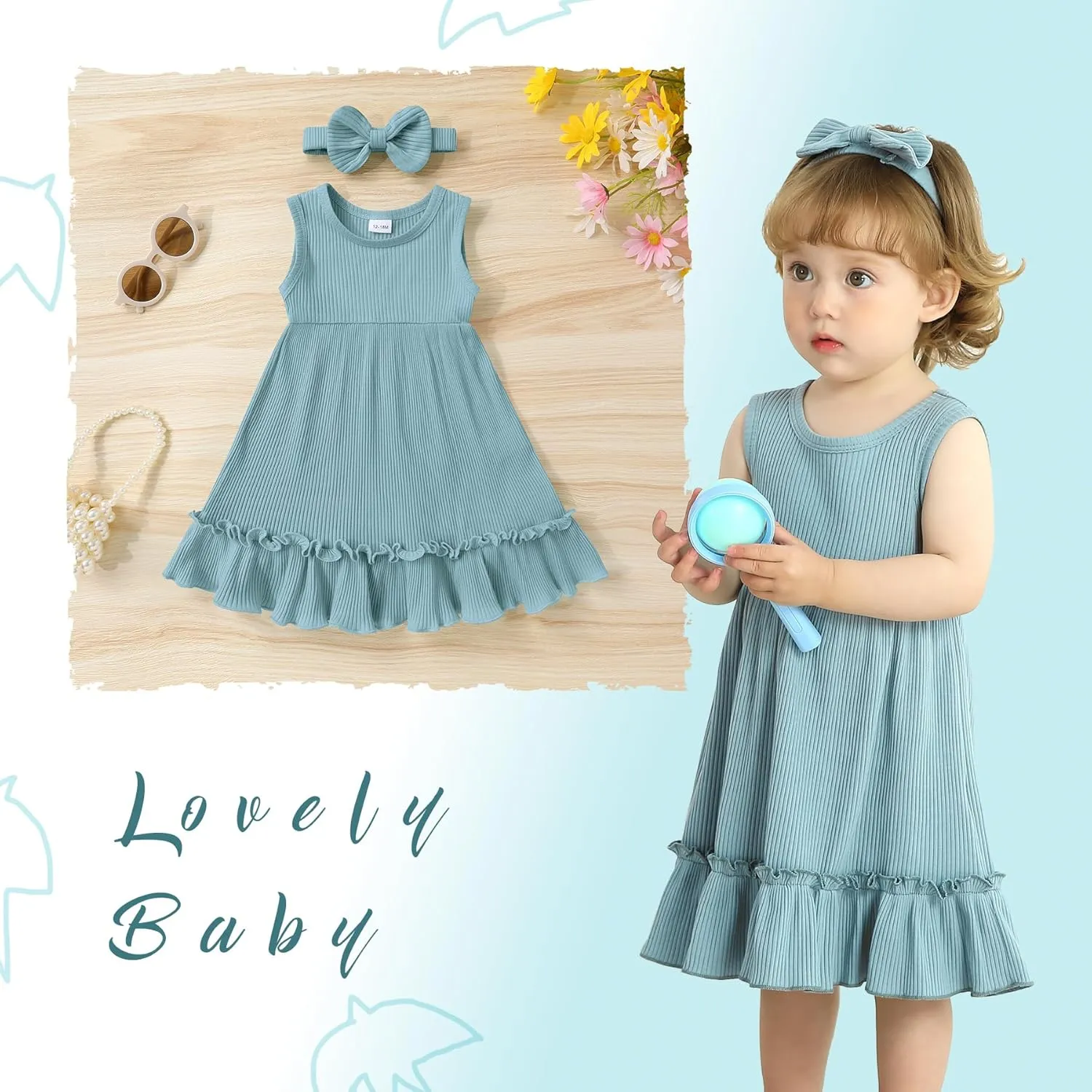 YOUNGER TREE Toddler Girl Summer Sundress Sleeveless Casual Dress Ruffle Hem Cotton Solid Outfits with Bowknot