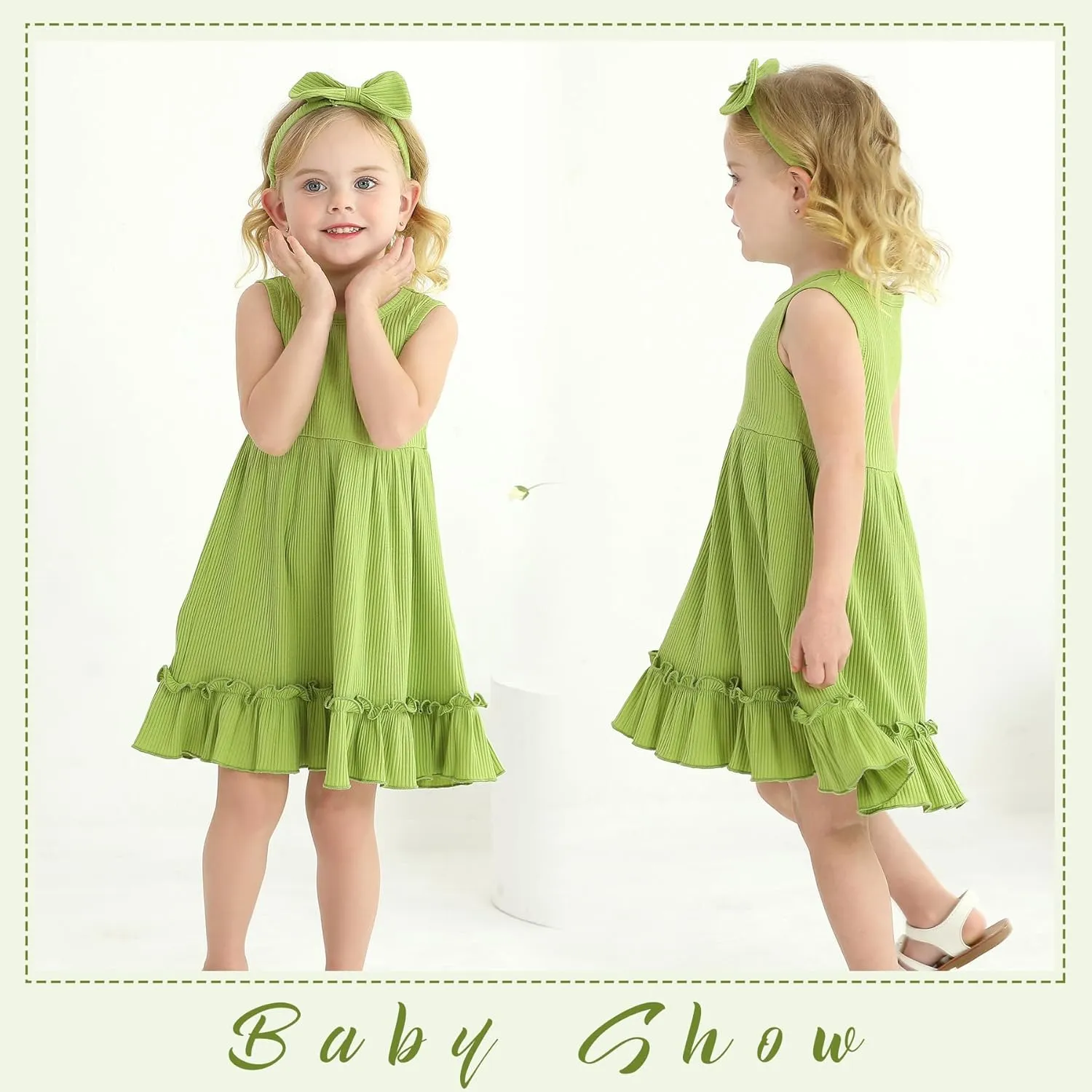 YOUNGER TREE Toddler Girl Summer Sundress Sleeveless Casual Dress Ruffle Hem Cotton Solid Outfits with Bowknot