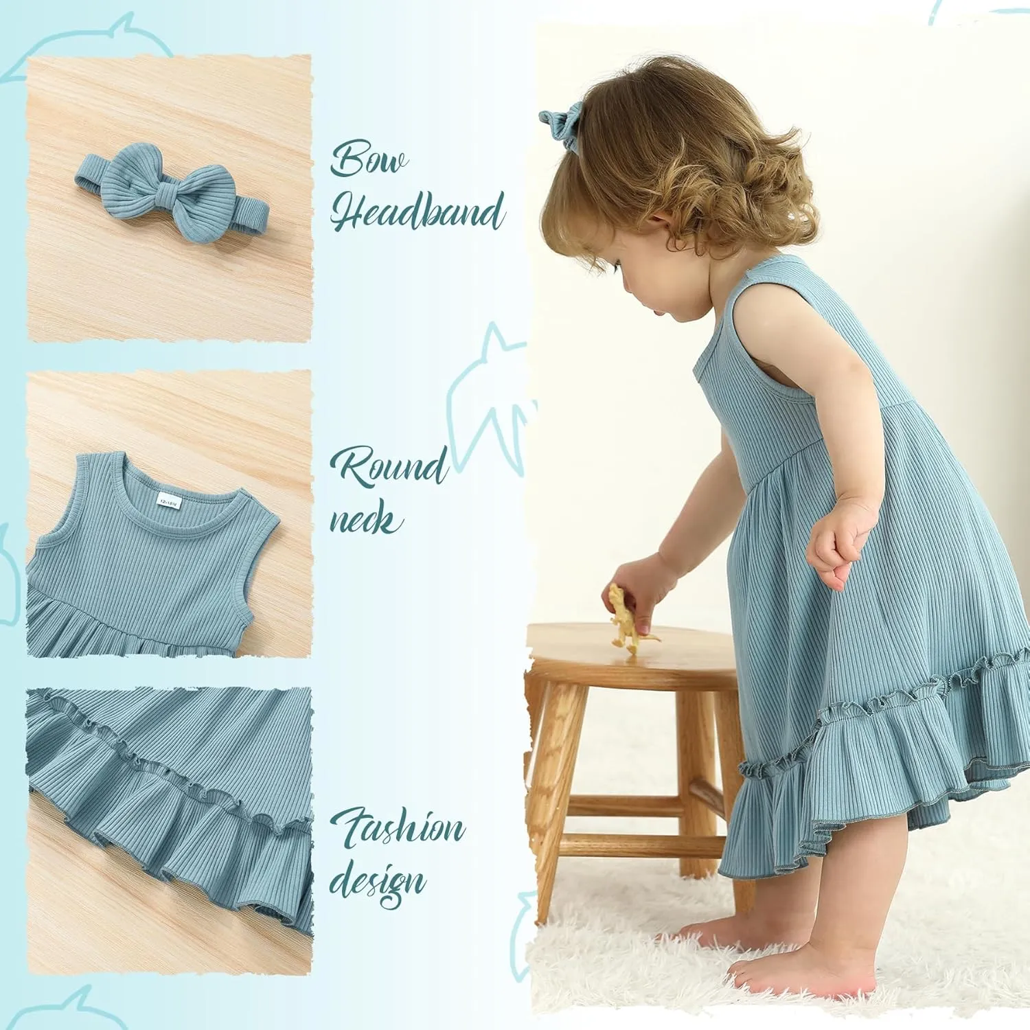 YOUNGER TREE Toddler Girl Summer Sundress Sleeveless Casual Dress Ruffle Hem Cotton Solid Outfits with Bowknot