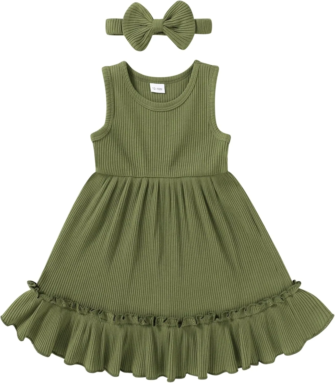 YOUNGER TREE Toddler Girl Summer Sundress Sleeveless Casual Dress Ruffle Hem Cotton Solid Outfits with Bowknot