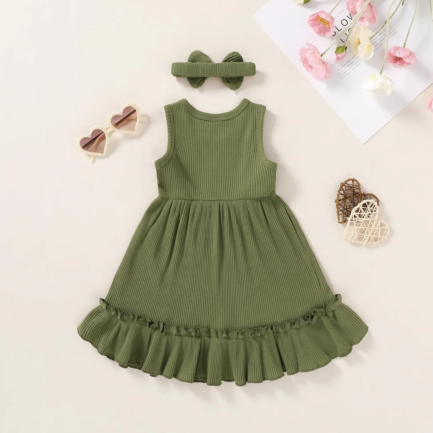 YOUNGER TREE Toddler Girl Summer Sundress Sleeveless Casual Dress Ruffle Hem Cotton Solid Outfits with Bowknot