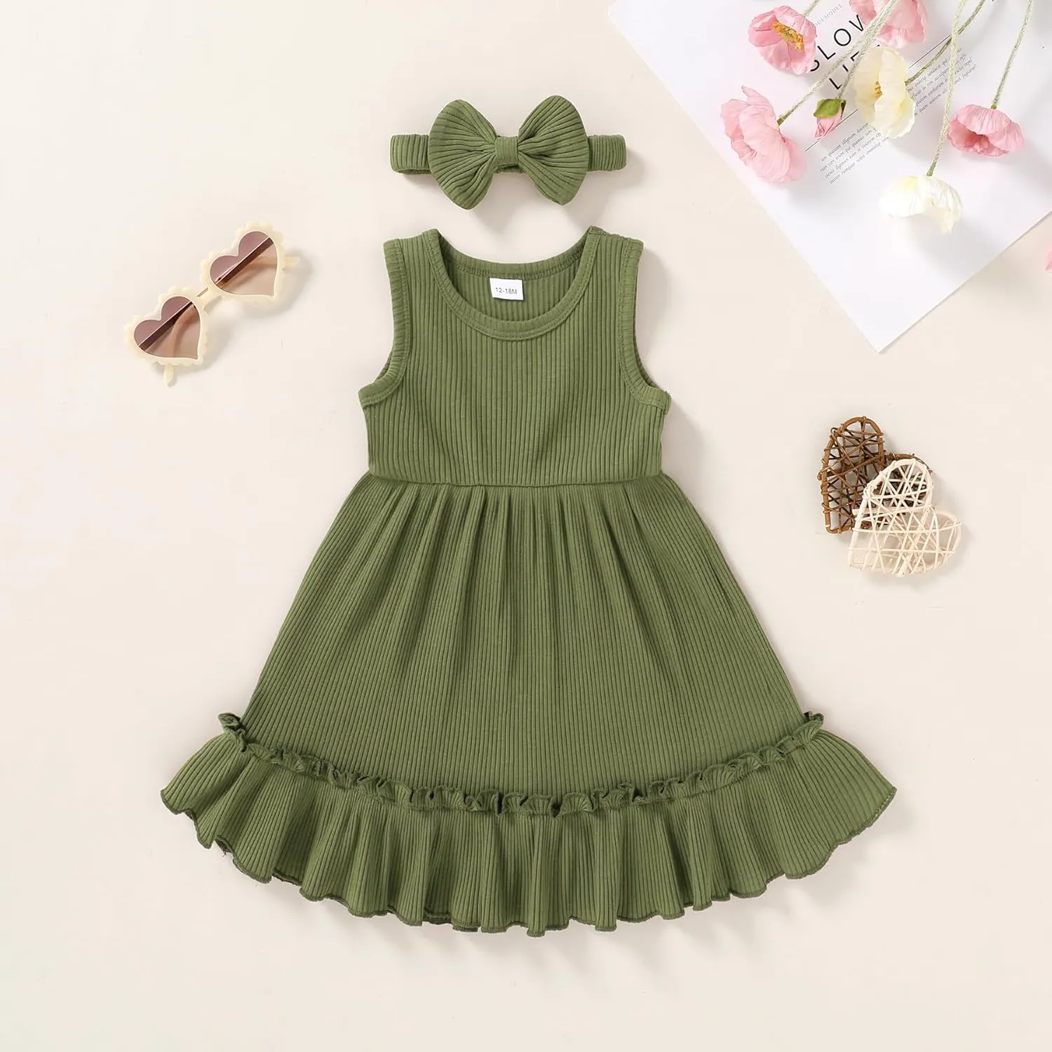YOUNGER TREE Toddler Girl Summer Sundress Sleeveless Casual Dress Ruffle Hem Cotton Solid Outfits with Bowknot