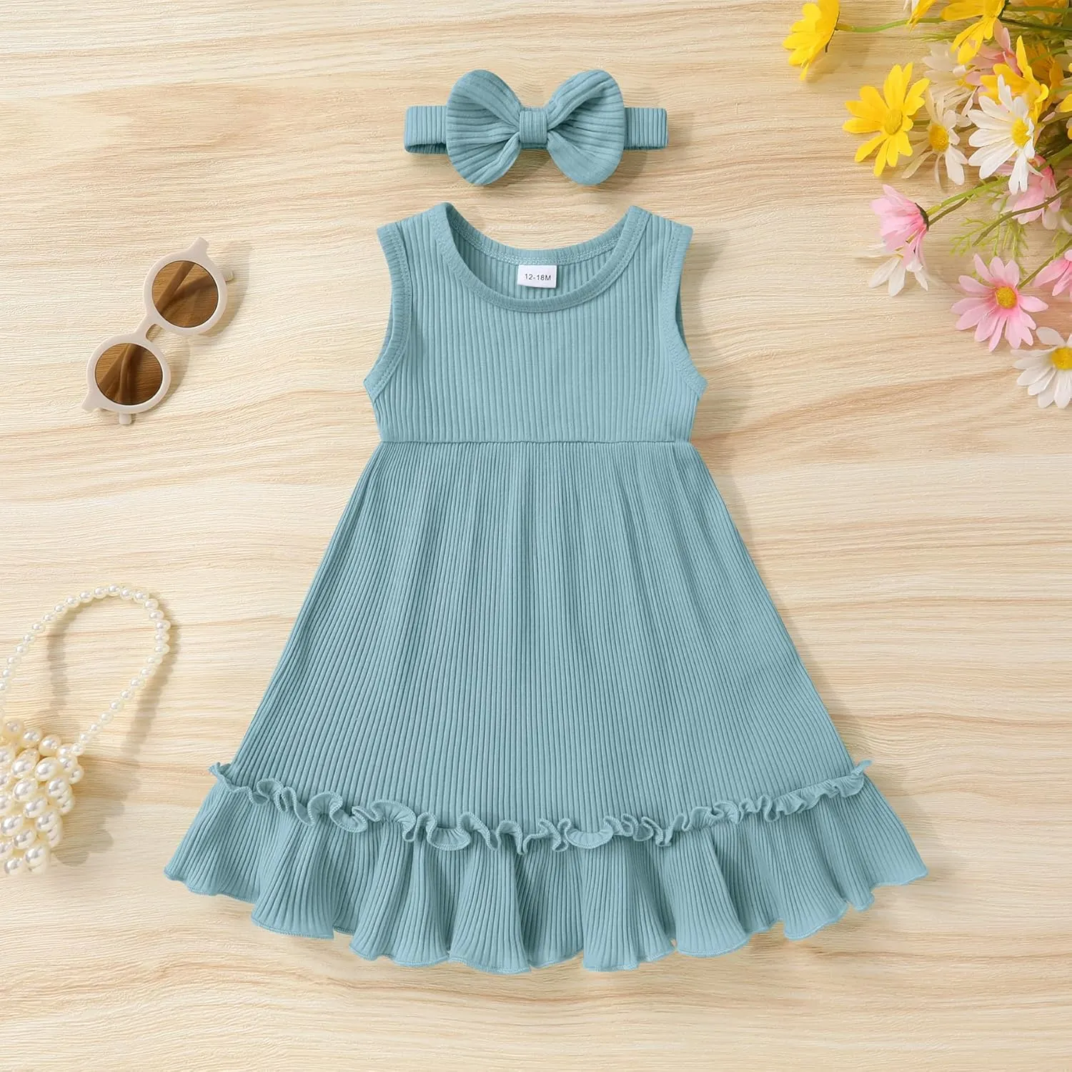 YOUNGER TREE Toddler Girl Summer Sundress Sleeveless Casual Dress Ruffle Hem Cotton Solid Outfits with Bowknot