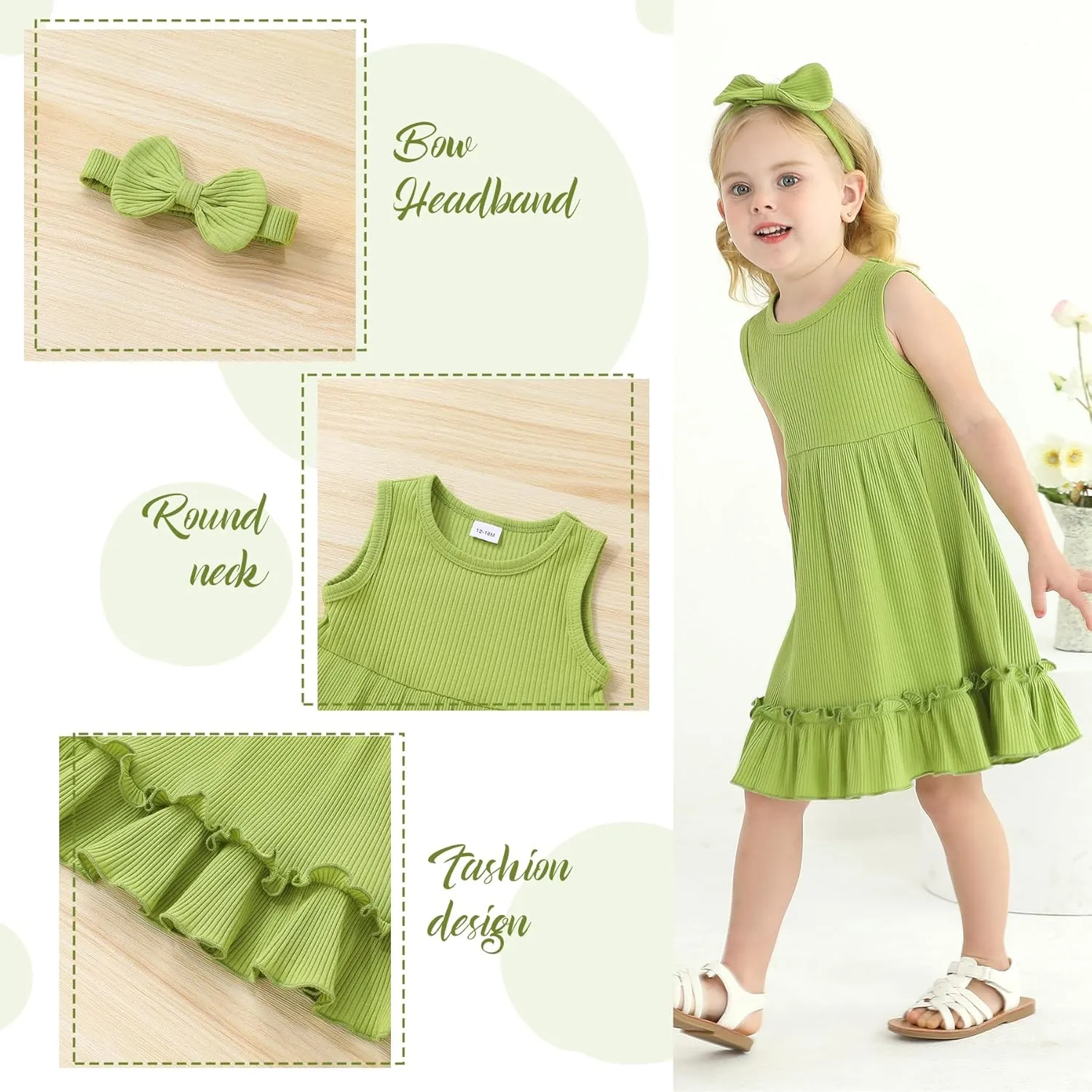 YOUNGER TREE Toddler Girl Summer Sundress Sleeveless Casual Dress Ruffle Hem Cotton Solid Outfits with Bowknot